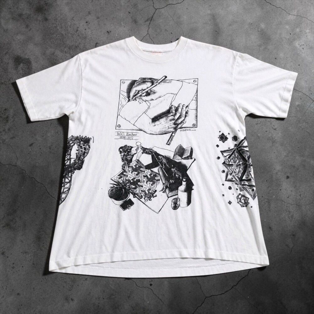 Vintage‎ MC Escher 1898-1972 All Over Print AOP Andazia White 90sT Shirt Size XL